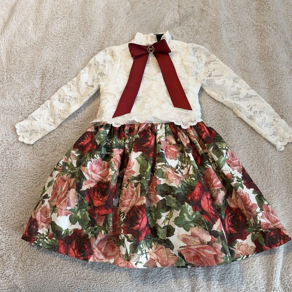 Love Made Love Girls Victorian Style Lace Dress Size 5Y Floral Bow Cottagecore